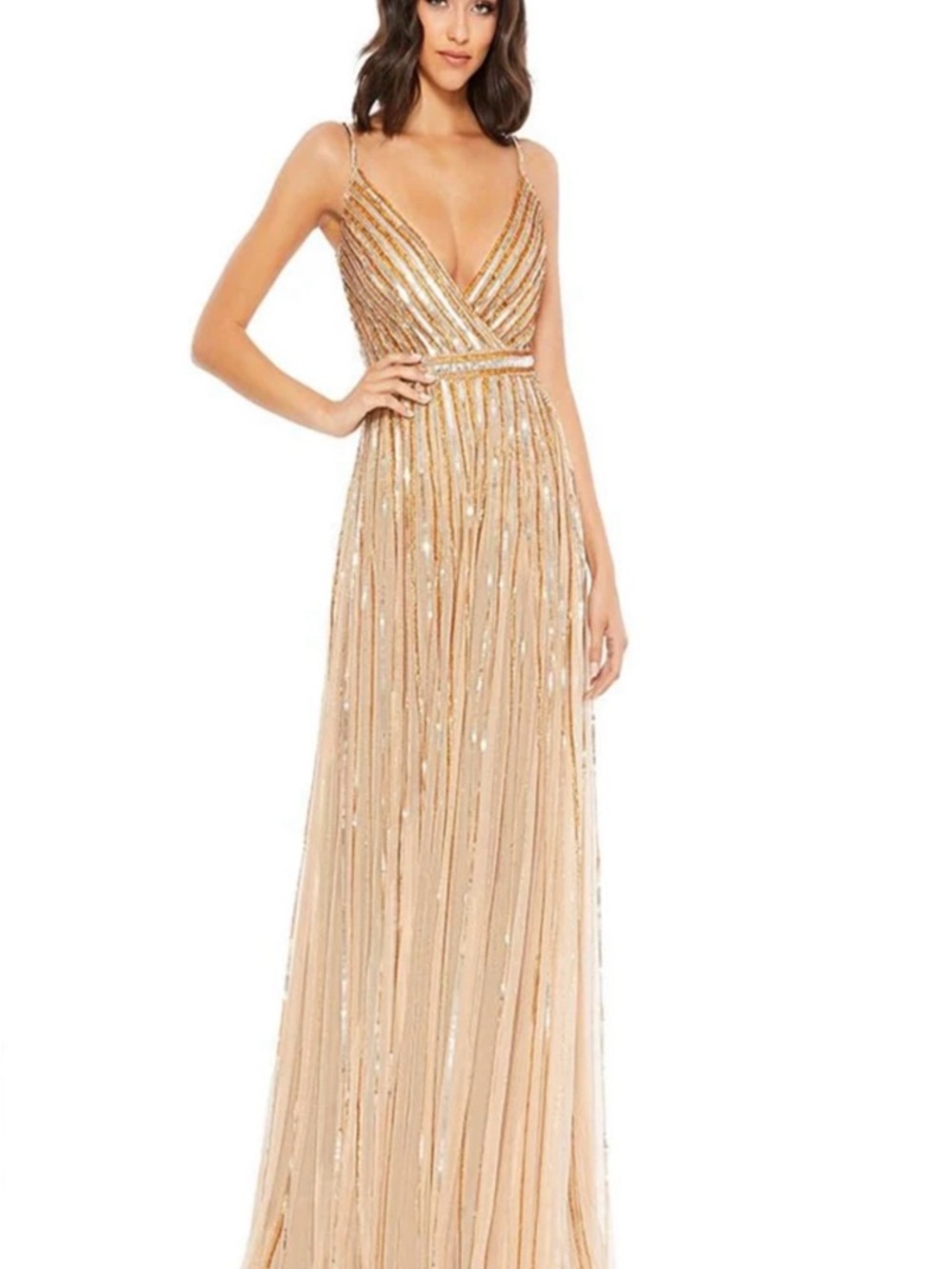 Mac Duggal Gold Sequin V-Neck Evening Gown